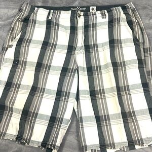 Marc Echo men’s black and white plaid shorts